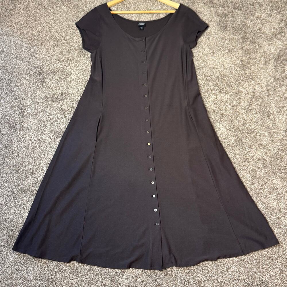 Eileen Fisher Scoop Neck Midi Dress Button Down Cocoa Brown Minimalist Small